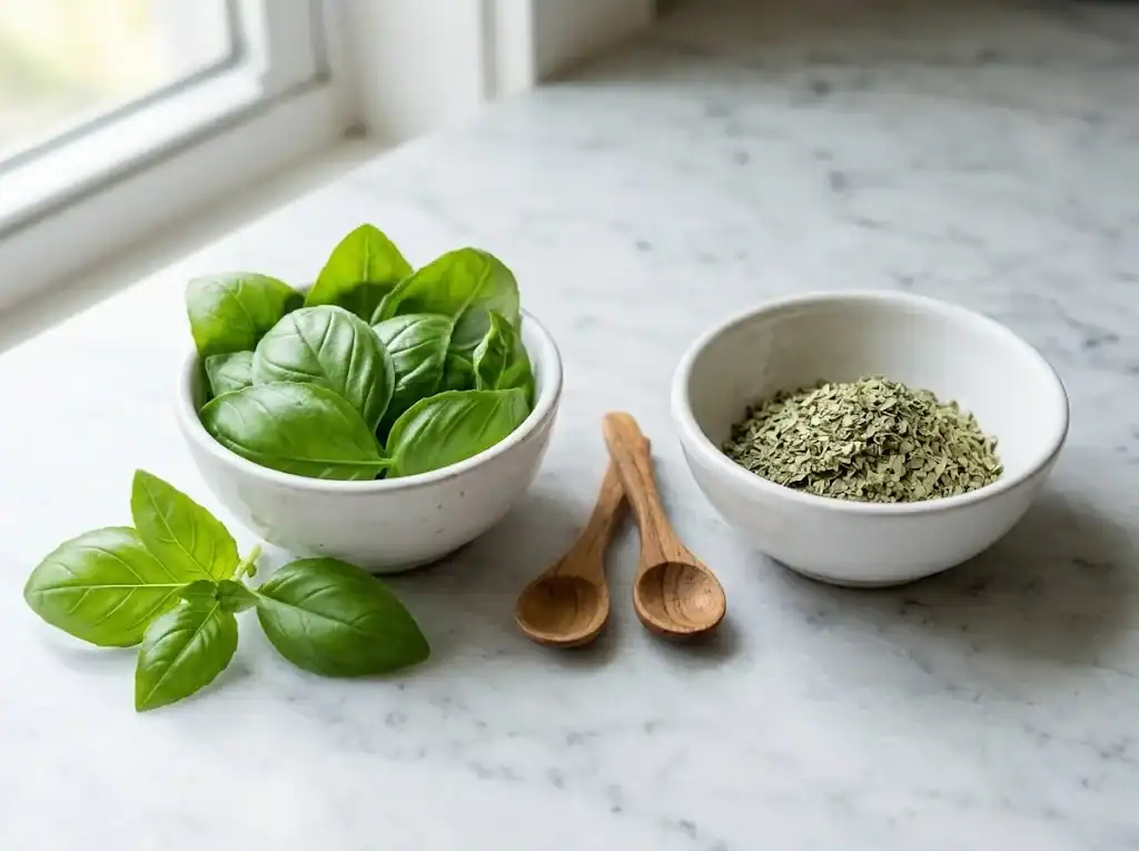 Two small white bowls side by side: one with vibrant green fresh sweet basil leaves, one with crumbled dried basil