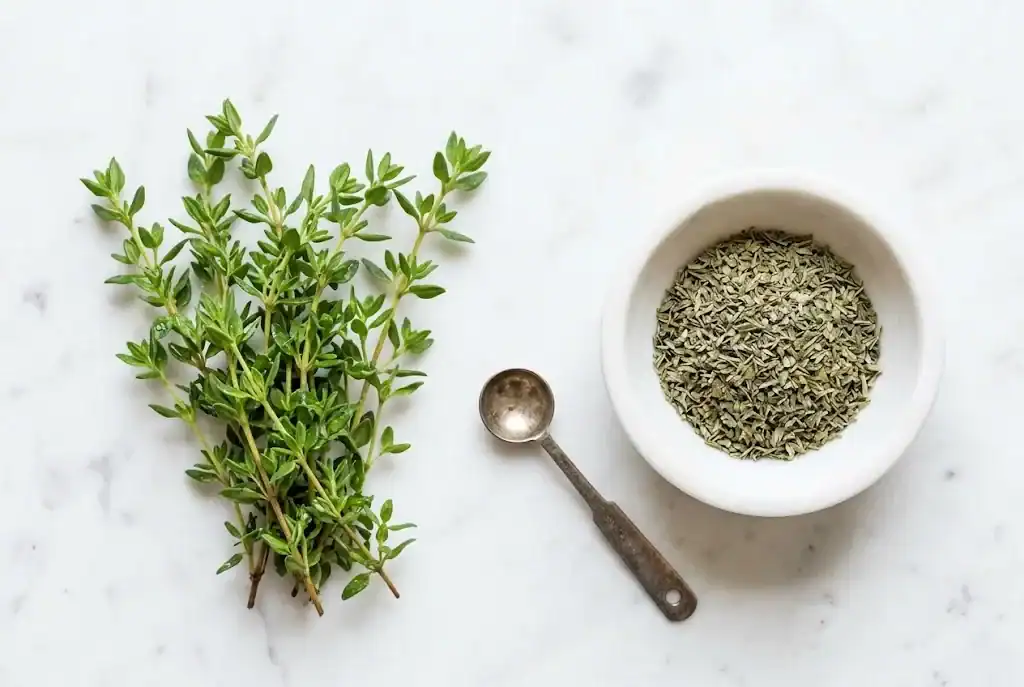 Side-by-side kitchen comparison of freshly harvested thyme sprigs and dried thyme flakes in a ceramic bowl