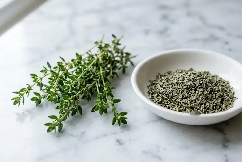 Fresh thyme sprigs beside crushed dried thyme in a white ceramic dish on a marble countertop