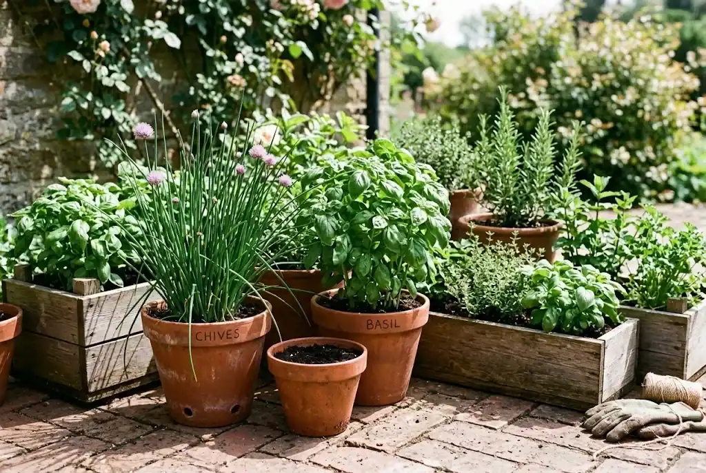Potted culinary herbs growing in terracotta containers with drainage holes on a sunny patio