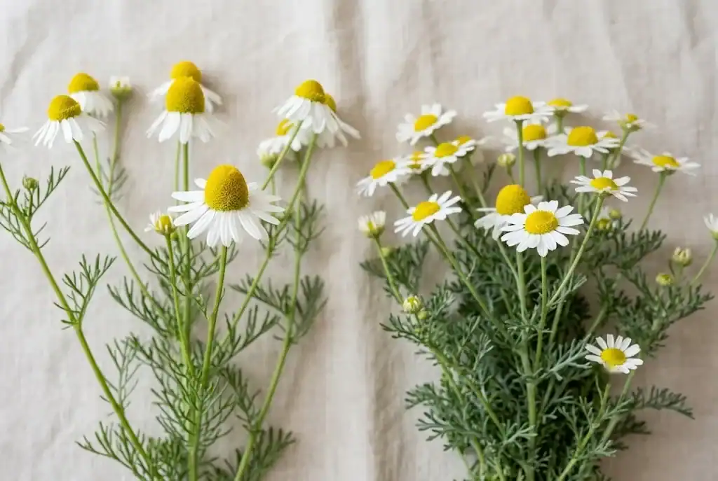 Fresh German chamomile beside Roman chamomile, showing the taller branching stems and domed golden flower centers of the German plant next to the lower cushion habit of the Roman kind
