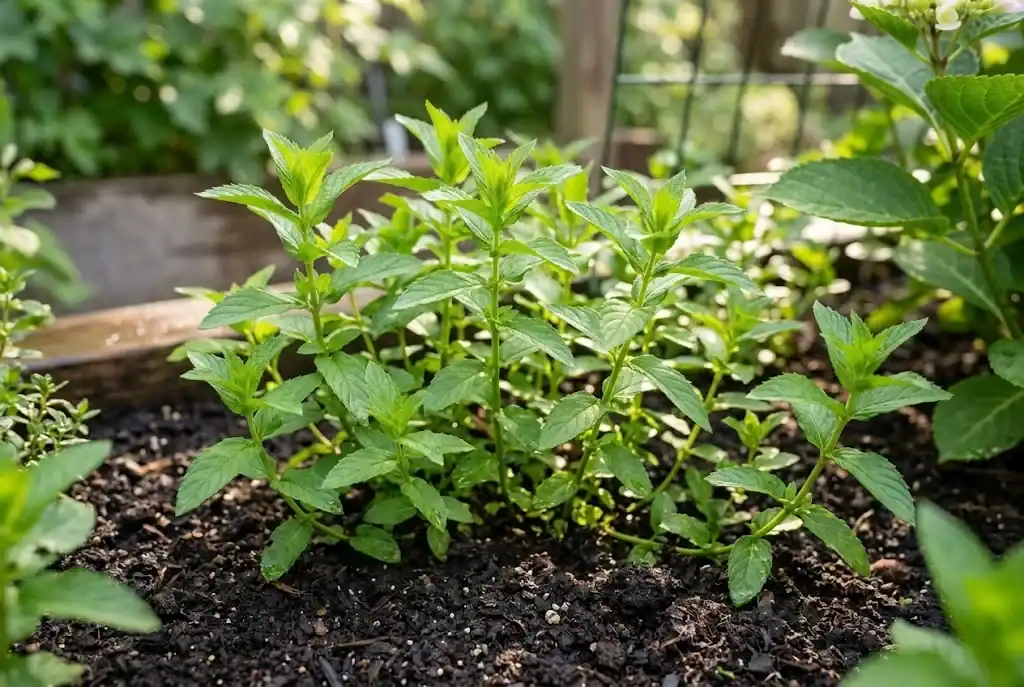 Healthy spearmint stems growing in rich dark loam soil under bright morning sunlight