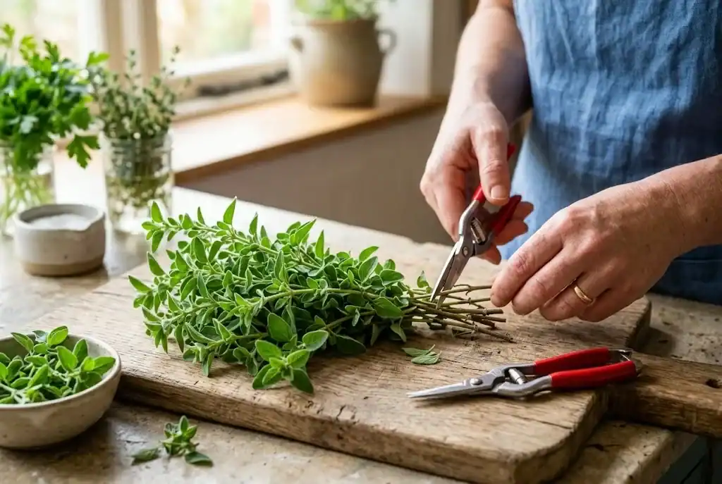 Freshly harvested Greek oregano stems trimmed with garden snips on a wooden cutting board