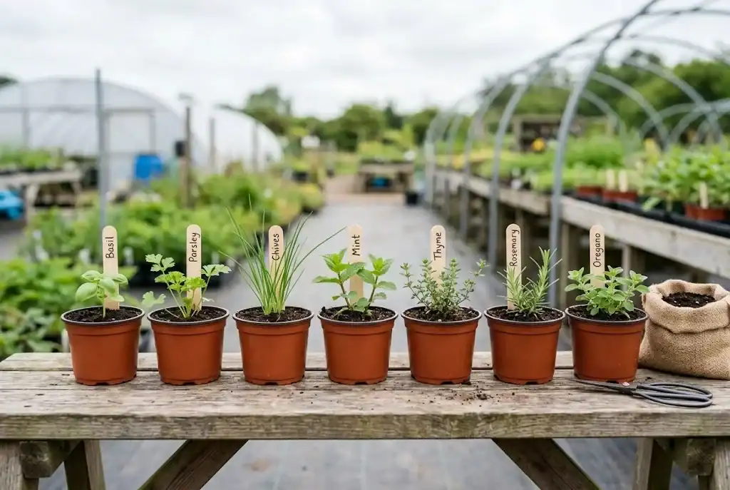 A row of seven small nursery pots on a wooden bench, each holding a young herb seedling with a handwritten label stake