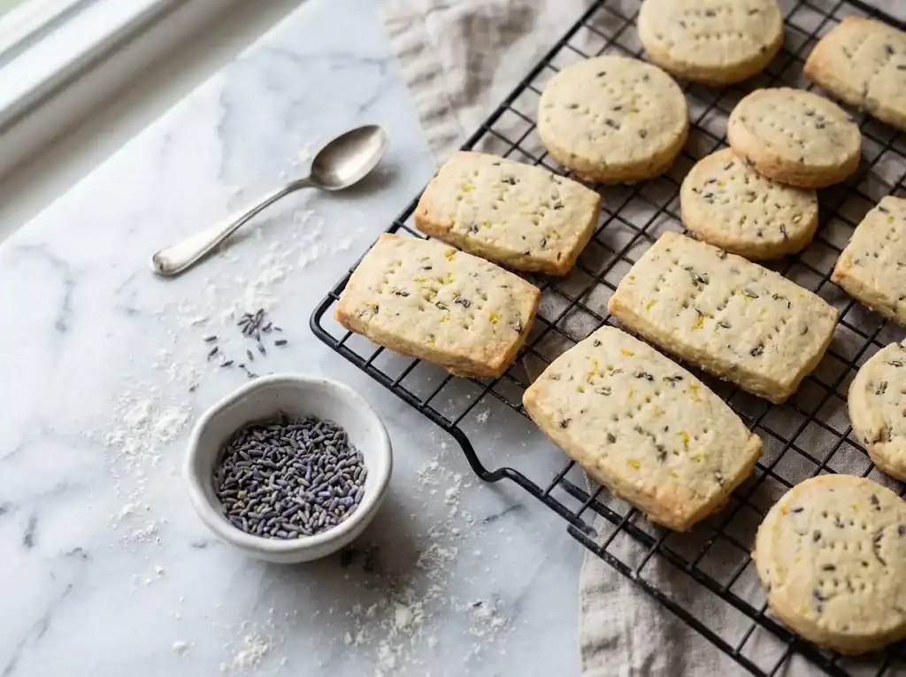 Golden lemon lavender shortbread cookies cooling on a wire rack beside a small bowl of purple dried lavender buds
