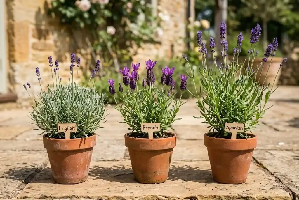 Three young lavender plants in identical terracotta pots showing English, French, and Spanish forms