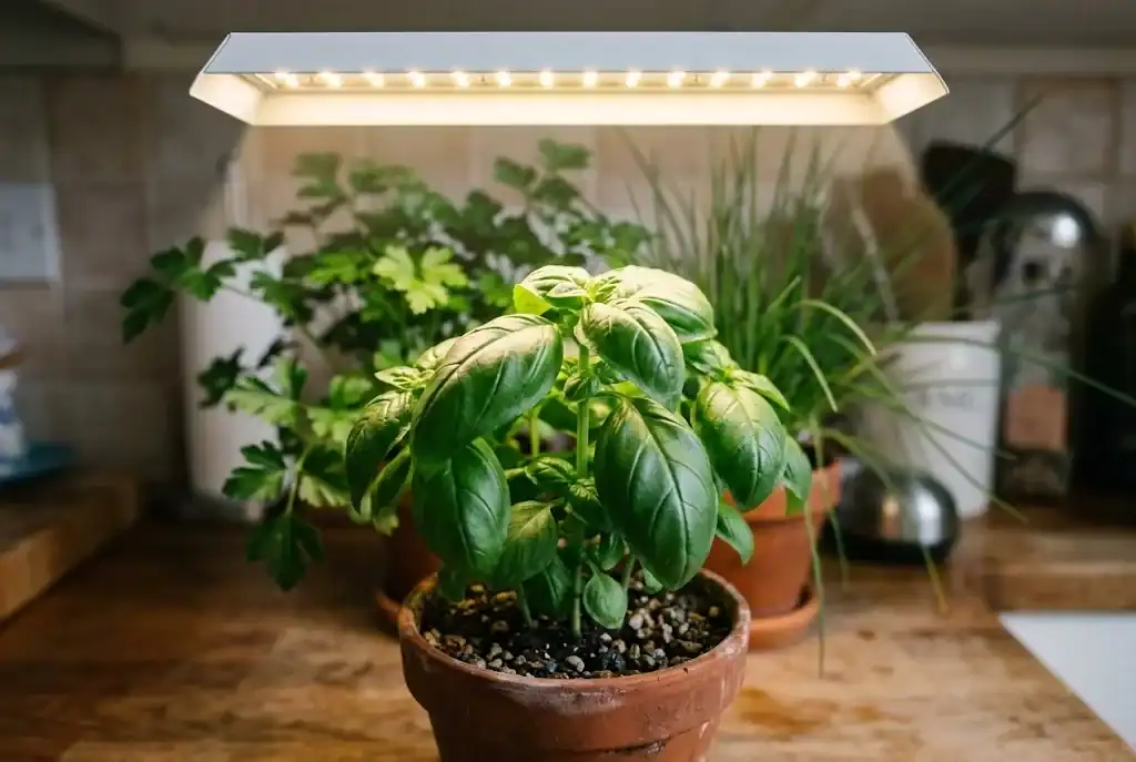 Close-up of a full-spectrum LED grow light panel mounted 8 inches above a basil plant on a kitchen counter, warm white light falling on the broad oval green leaves