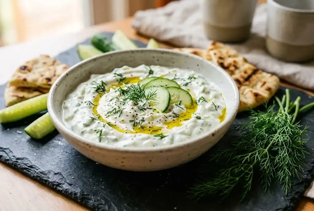 A shallow ceramic bowl of creamy Greek tzatziki garnished with olive oil, cucumber half-moons, and finely chopped fresh dill, served with grilled pita triangles