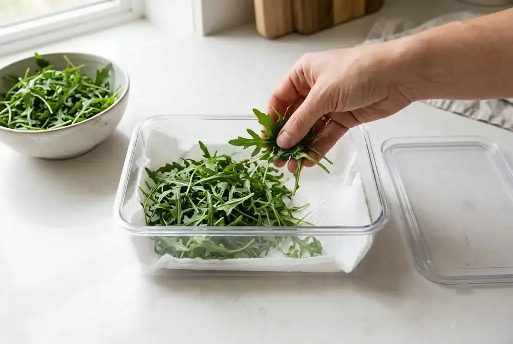 Dry arugula leaves laid loosely into a clear container lined with a dry paper towel, lid alongside