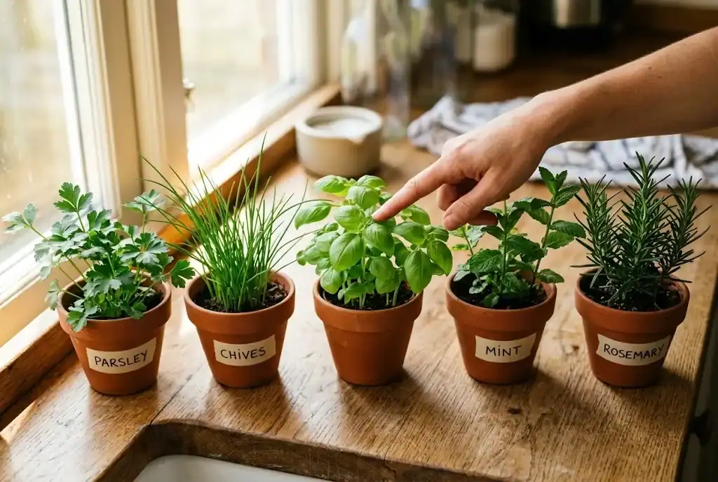 Five small potted herbs on a sunlit kitchen counter with a hand pointing to the basil