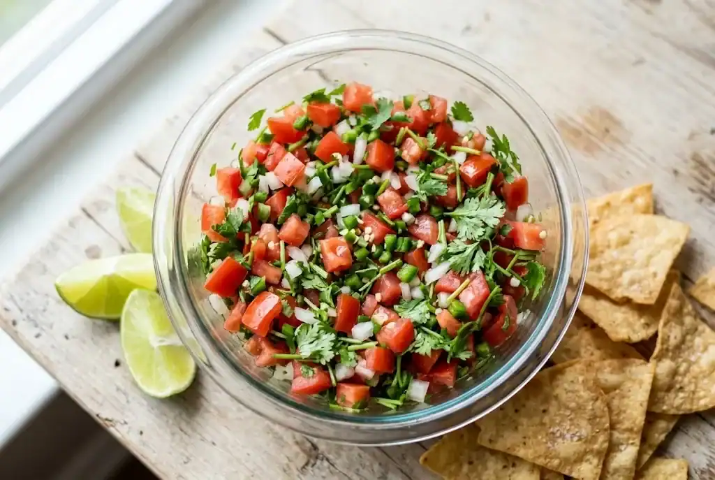 Freshly diced homemade pico de gallo in a glass bowl with lime wedges and golden tortilla chips