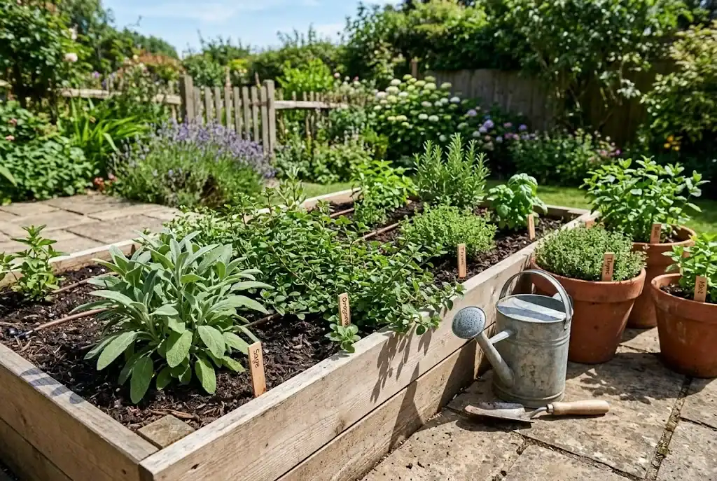 Sunny patio with wooden raised bed and terracotta herb planters bathed in direct morning sunlight