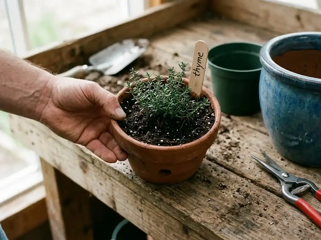 A hand holding a small terracotta planter with a drainage hole beside a pair of garden snips and a labeled thyme plant