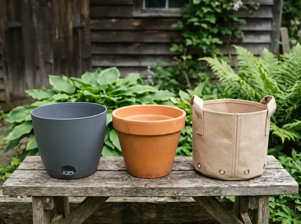Three empty planters in plastic, terracotta, and fabric on a wooden bench
