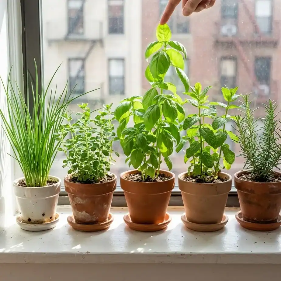 Five easy-care culinary herbs in pots on an apartment windowsill with afternoon sun