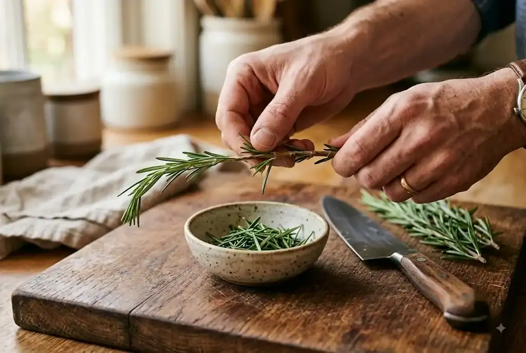 Hands stripping fresh rosemary leaves from a woody stem over a cutting board