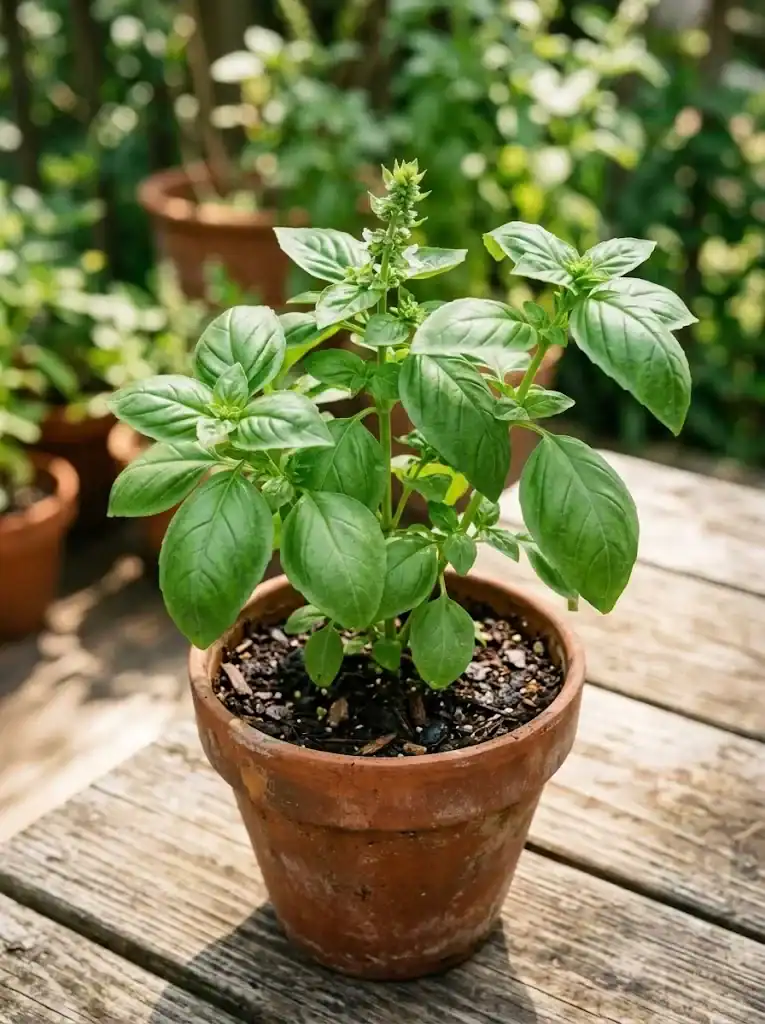 Healthy basil plant with several leaf pairs and small flower buds on sunny patio