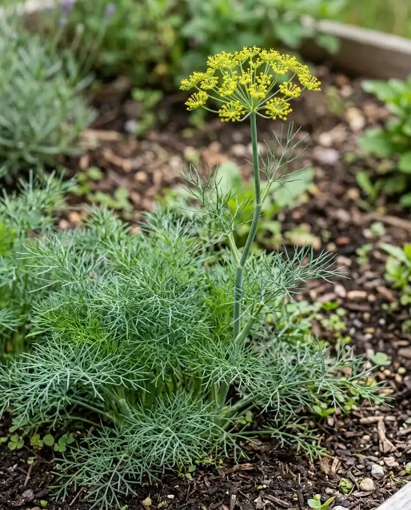 Dill plant showing both leafy fronds and a young yellow flower umbel just beginning to open