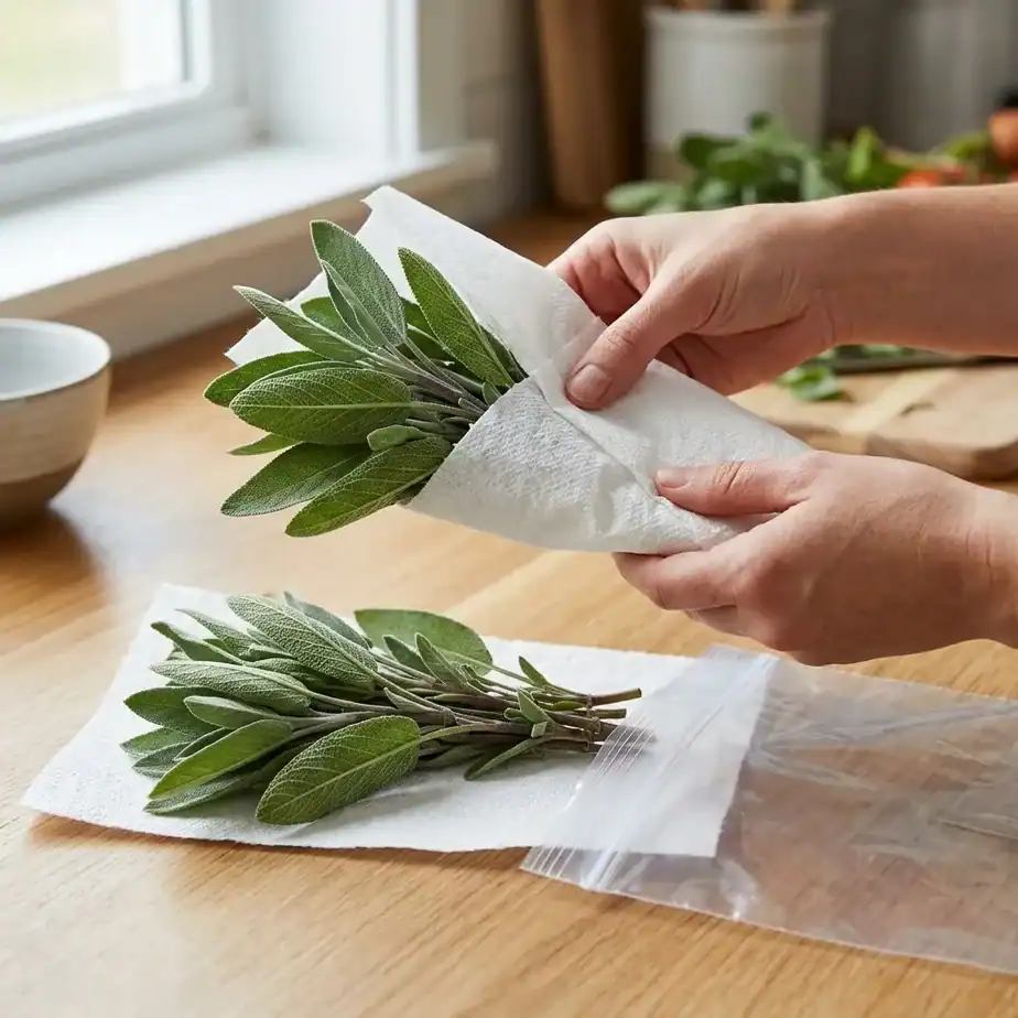 A neat bundle of fresh sage sprigs being gently wrapped in a slightly damp white paper towel