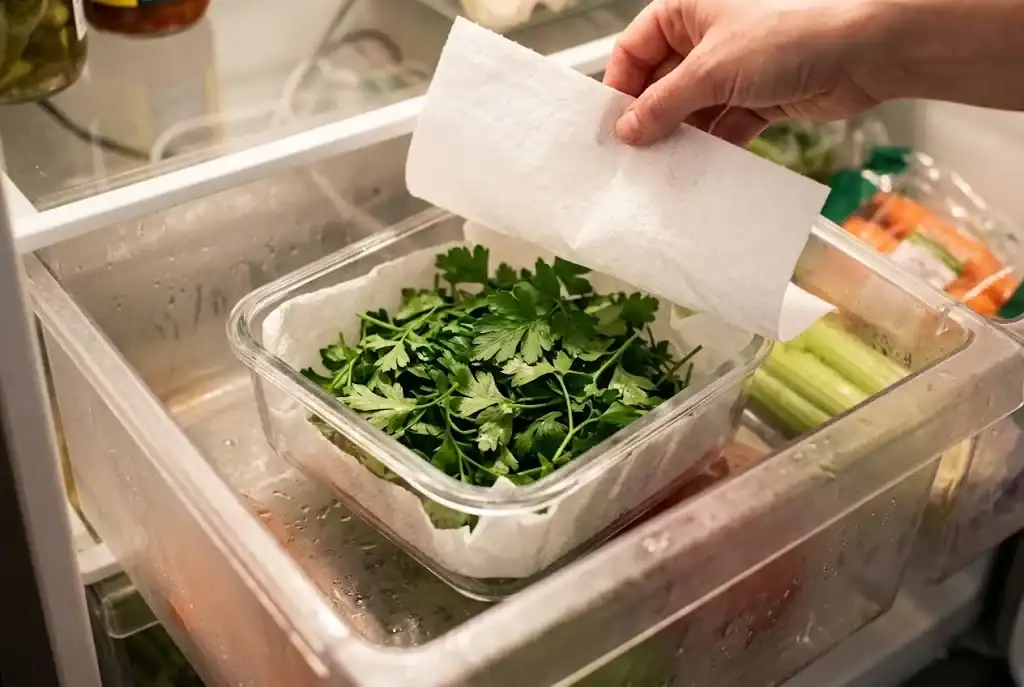 Lined container with fresh parsley leaves in a refrigerator crisper drawer