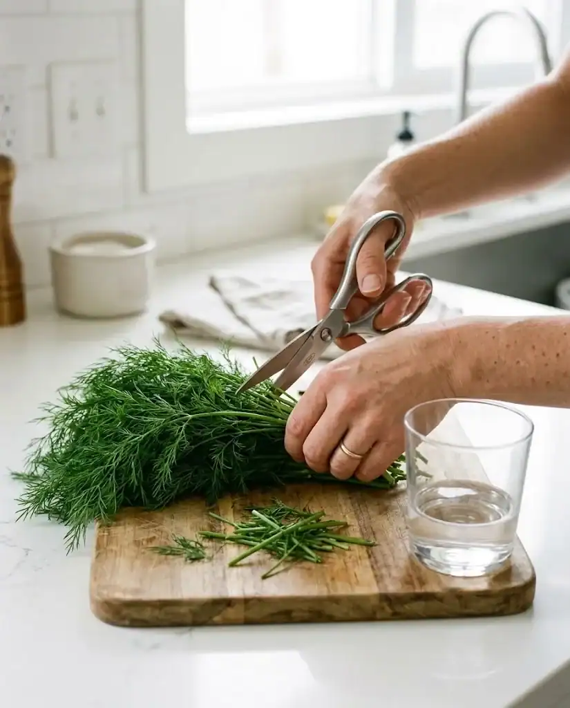 Hands trimming fresh dill stems beside a water-filled storage glass