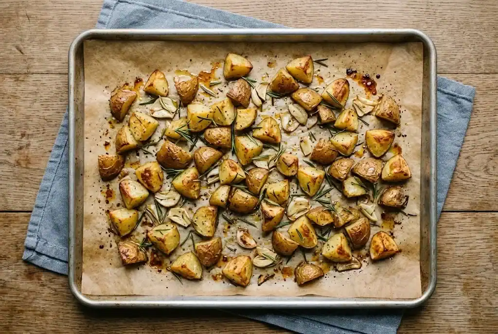 Sheet pan of rosemary roasted potatoes with crisp edges and scattered herbs