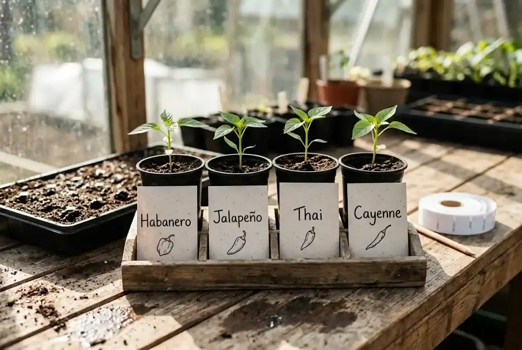 Young chili seedlings in small pots on a sunlit greenhouse bench beside seed packets and seed starting mix