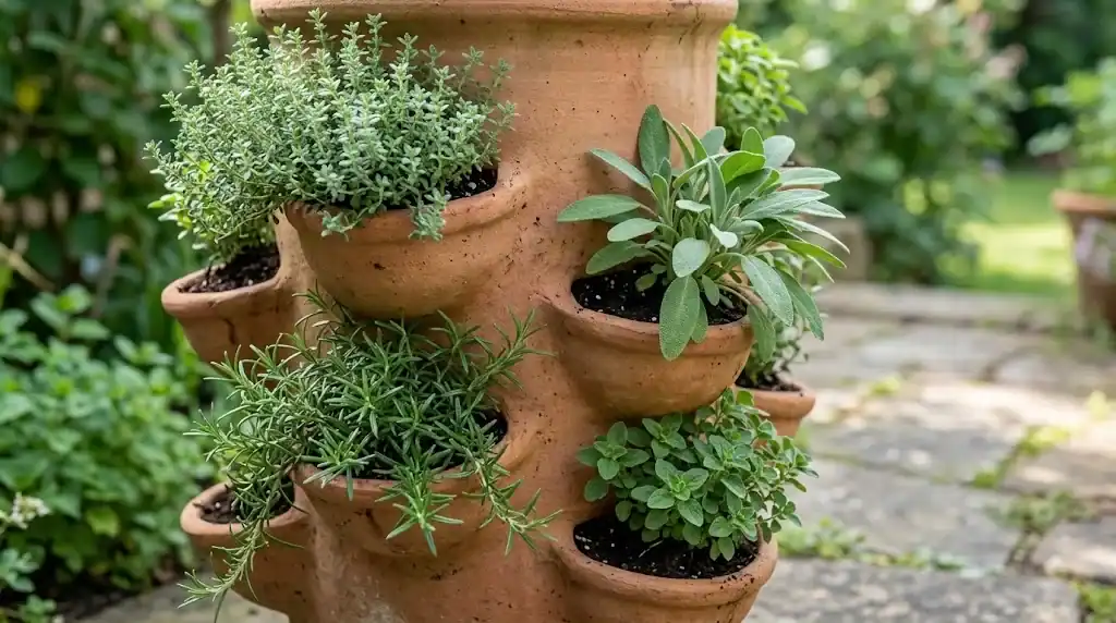 Close-up of staggered side pockets of a strawberry pot, each holding a single culinary herb