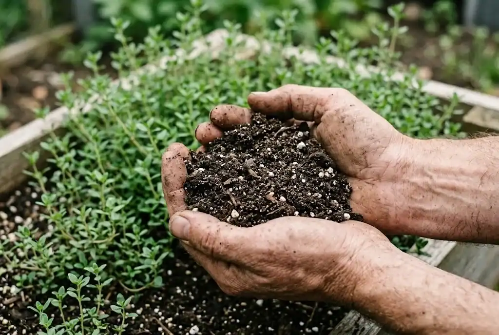 Gardener hands holding loose, crumbly loam soil with visible perlite above a raised bed of thyme seedlings