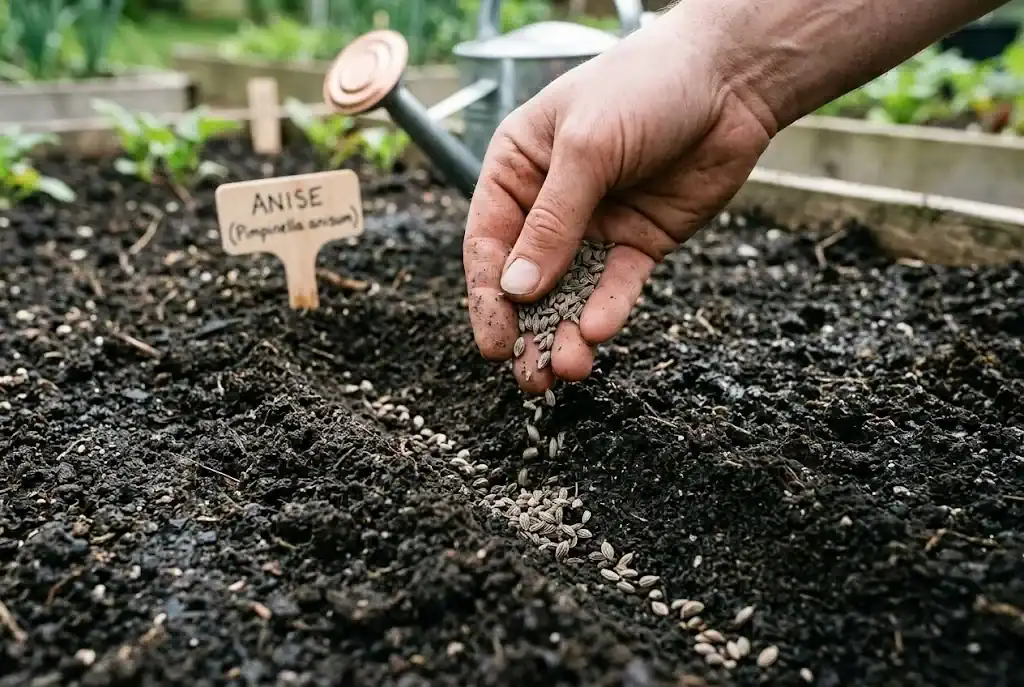 Direct sowing of anise seeds into loose crumbly garden soil