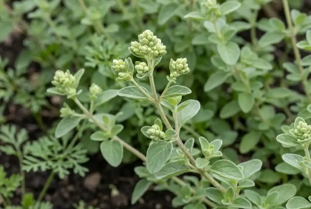 Close-up of sweet marjoram leaves and stems with fine velvety hairs