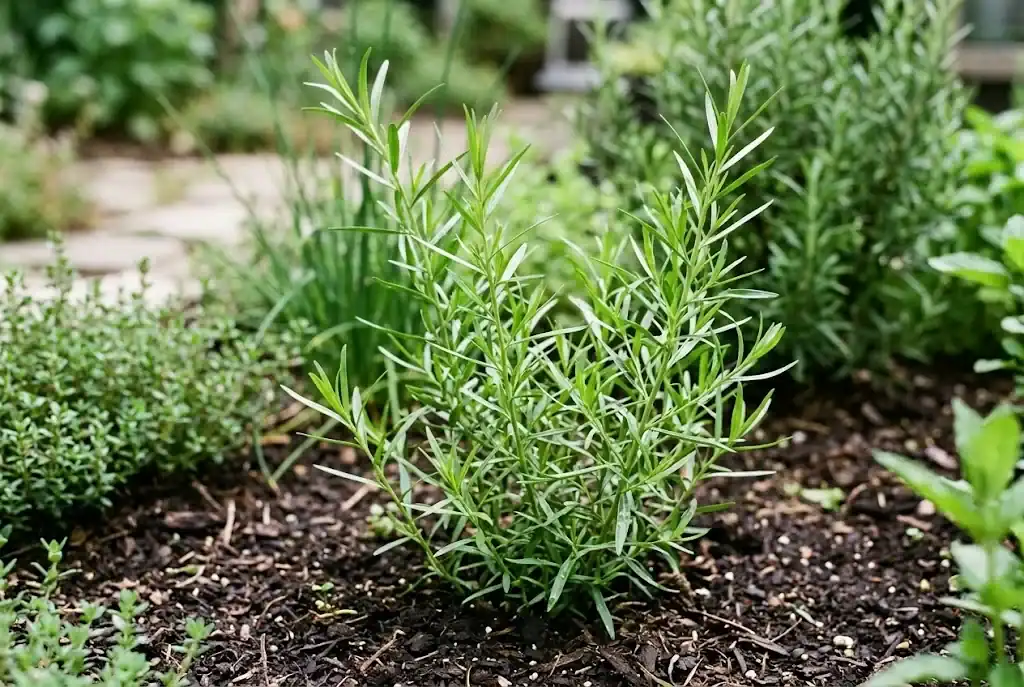 Close-up of French tarragon showing narrow lance-shaped green leaves