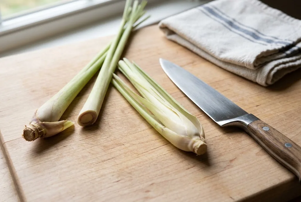 Step-by-step trimming and peeling fresh culinary lemongrass stalks on a wooden prep board