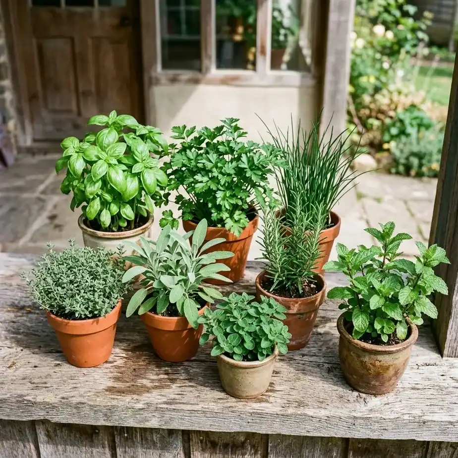 Eight small potted culinary herbs grouped on a sunny porch, including basil, parsley, chives, rosemary, thyme, sage, oregano, and mint in its own separate pot
