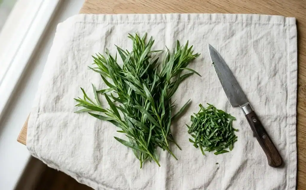 Close view of fresh French tarragon leaves on a kitchen cutting board
