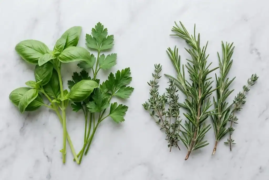 Side-by-side comparison of tender basil and parsley next to woody rosemary and thyme on marble