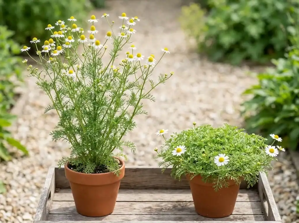 Side-by-side comparison of tall German chamomile and low-growing Roman chamomile