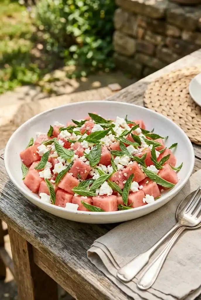 Shallow white bowl of cubed watermelon with crumbled feta and torn spearmint on a sunny outdoor wooden table