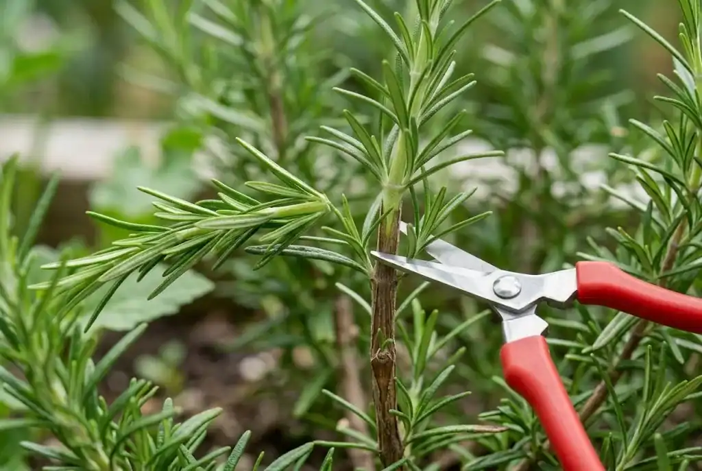 Snips cutting a rosemary stem just above a leafy junction, well clear of the bare woody base