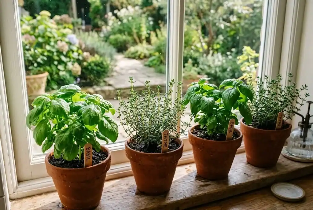 Potted culinary herbs growing along a sunny kitchen windowsill in rustic terracotta planters