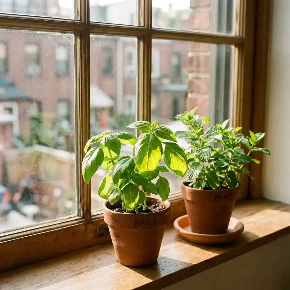A close-up of potted basil and mint on a sunlit south-facing windowsill, morning light raking across the leaves