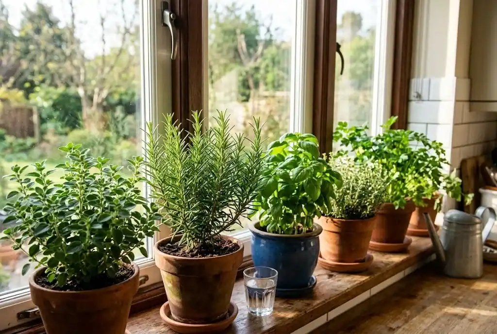 Potted culinary herbs arranged along a bright sunlit kitchen windowsill receiving direct natural sunlight