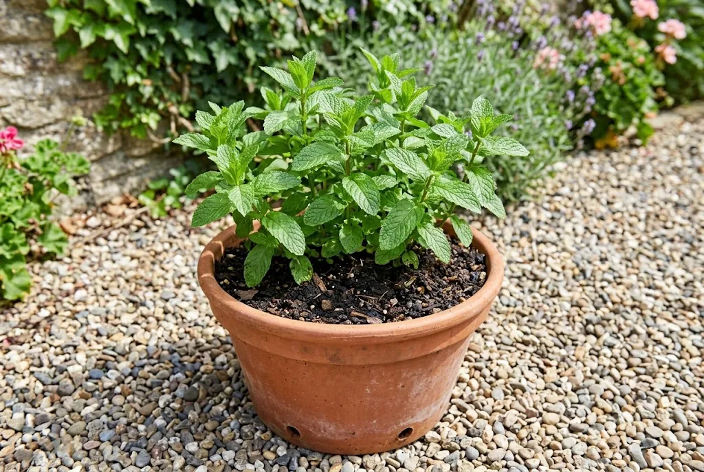 Vibrant potted mint plant thriving in well-draining organic soil on a sunny garden terrace