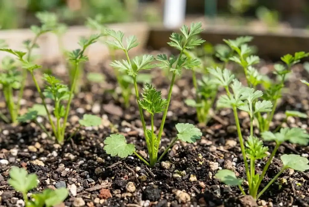 Young tender anise seedlings emerging in sunny well drained soil