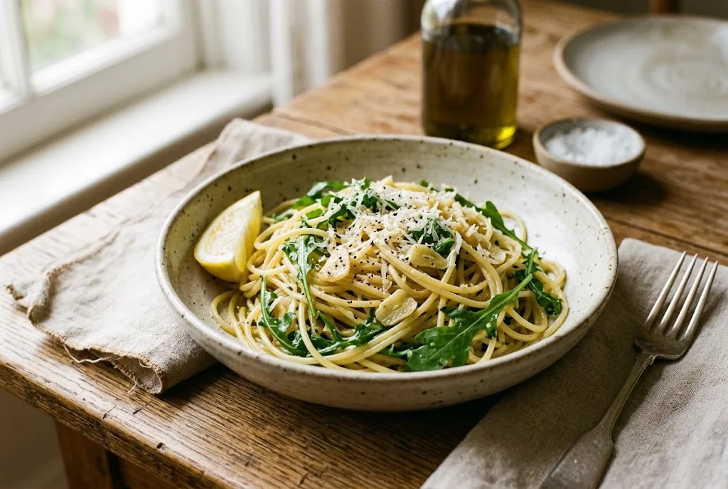 A bowl of spaghetti tossed with garlic, olive oil, wilted arugula, and grated Parmesan, with a lemon wedge on the side