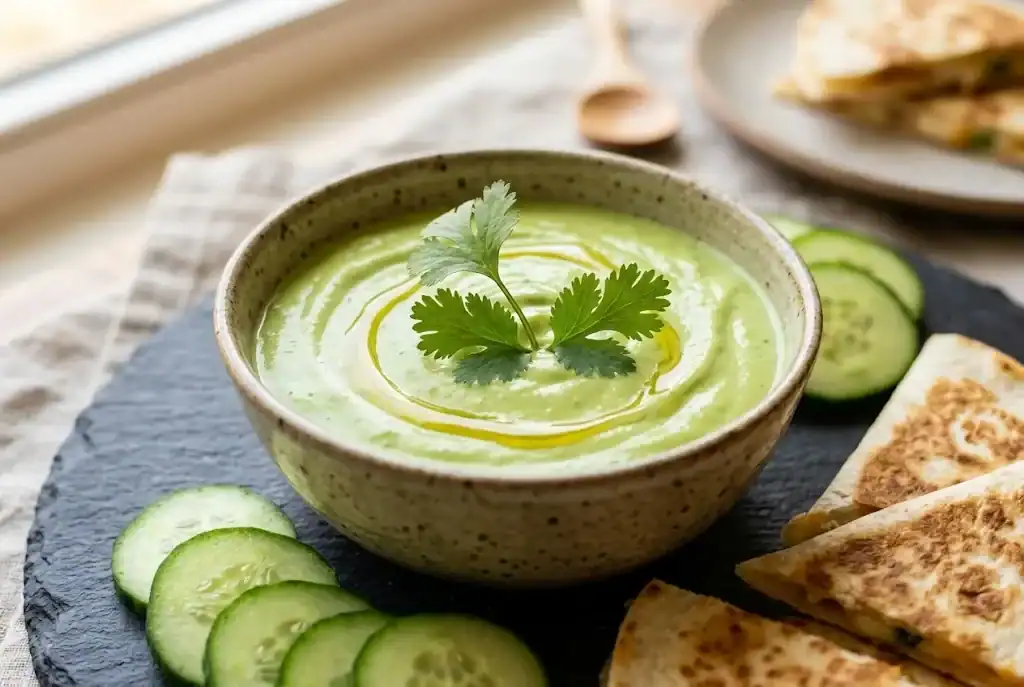 Creamy avocado cilantro dressing and dip served with crisp cucumber slices and warm quesadilla triangles