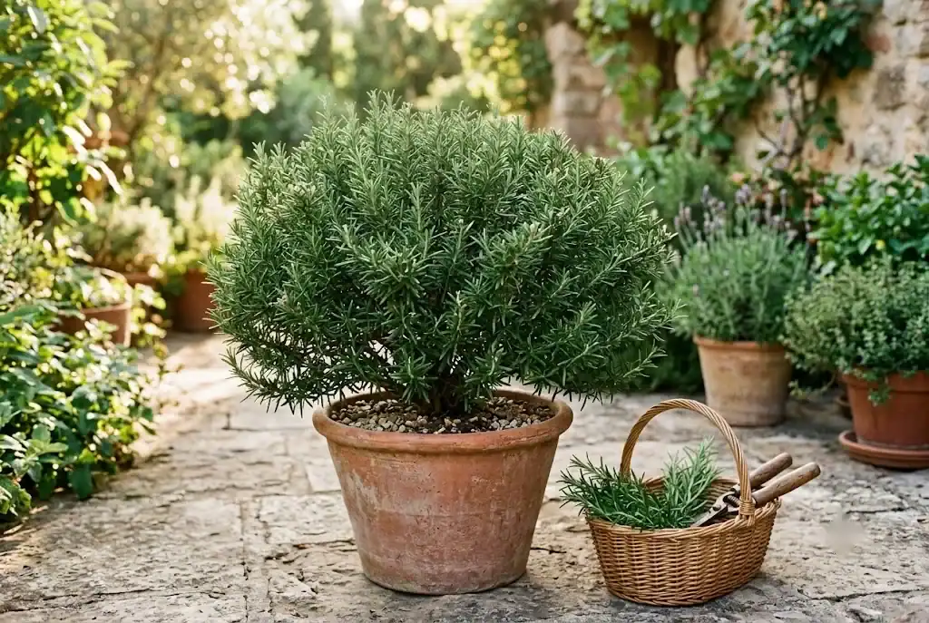 A full, evenly shaped potted rosemary bush on a stone terrace with a basket of cut sprigs and pruners