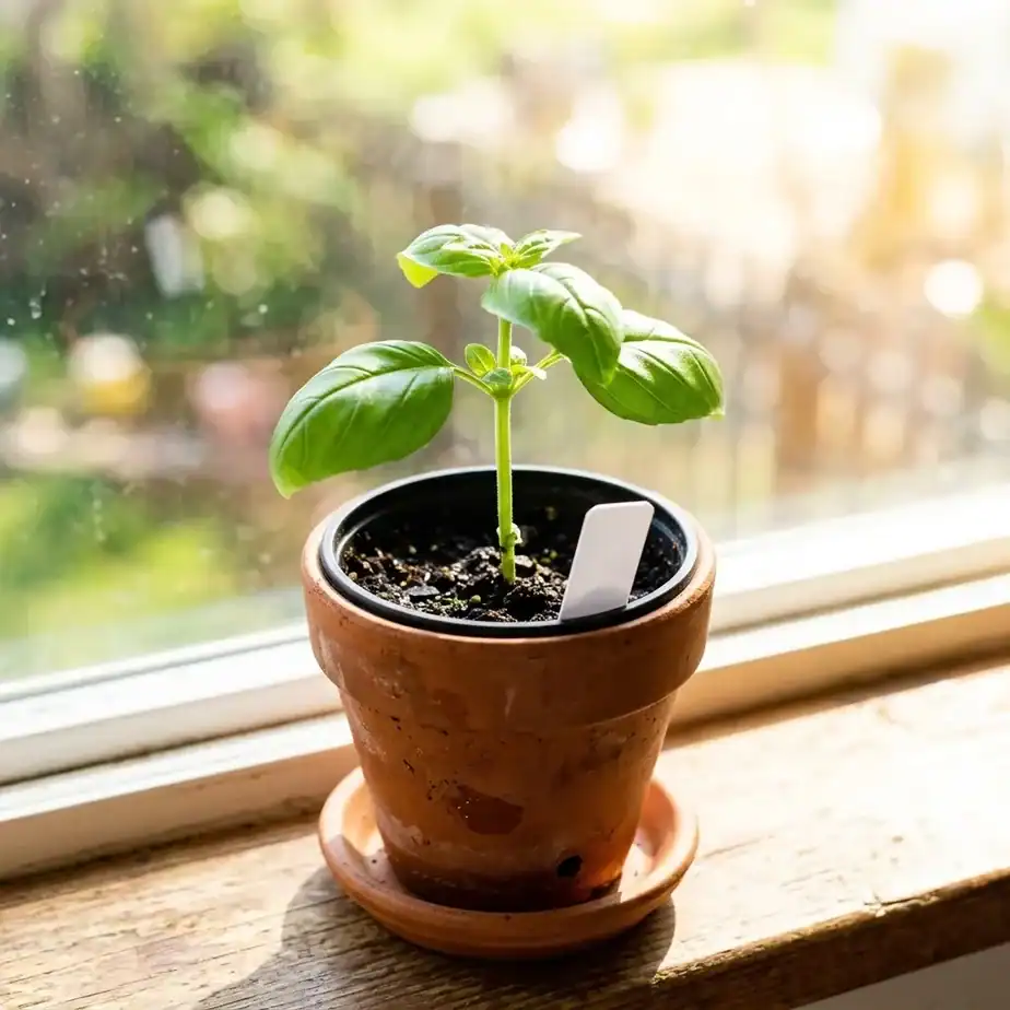 Young sweet basil plant in a terracotta pot on a sunny windowsill, ideal starter herb