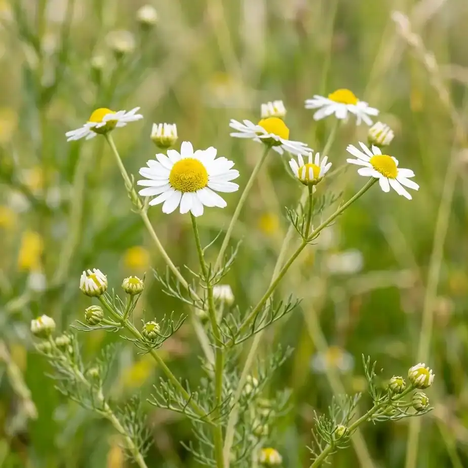 Chamomile flowers with small white daisy-like petals and yellow centers, blooming on slender stems in soft natural light