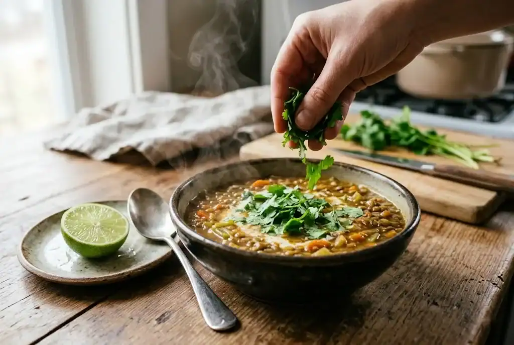 Chopped cilantro added to a finished bowl of lentil soup